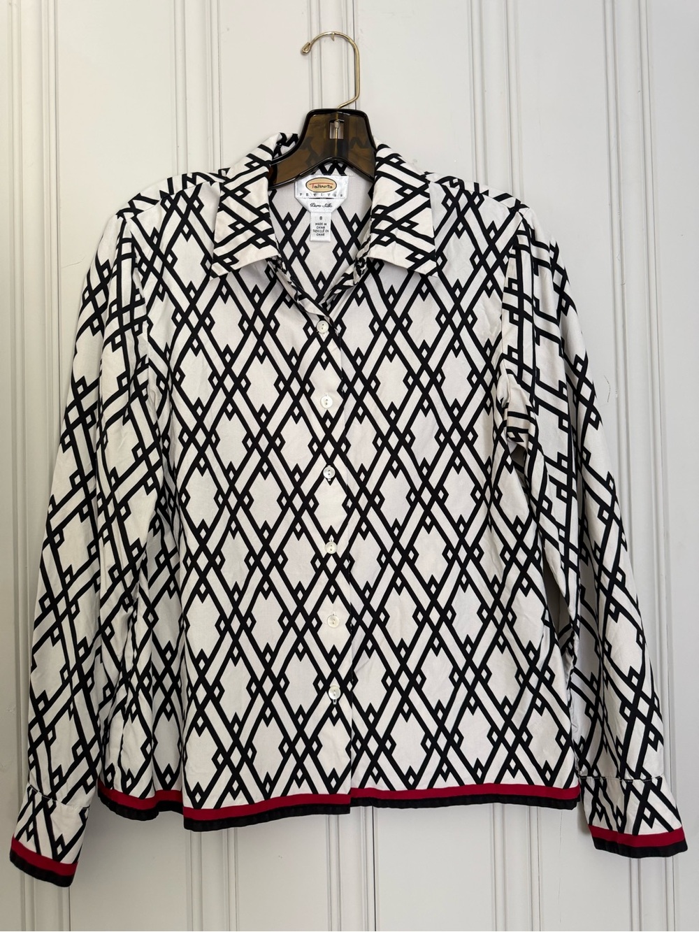 Silk Talbots Black & White Geometric Button-Down Shirt with Red Trim